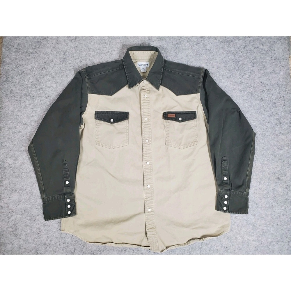 Carhartt Shirt Mens XL Two Tone Pearl Snap Western Work Wear S123KMS Canvas